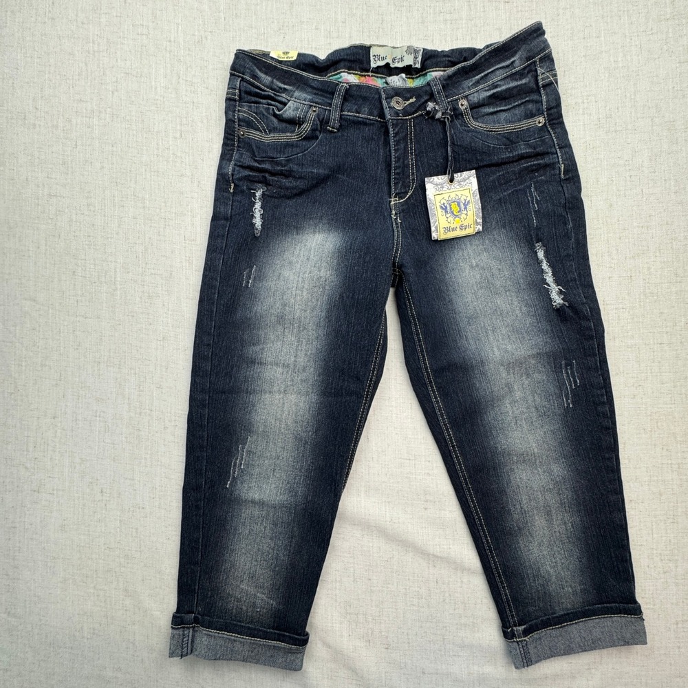 VTG Blue Epic Capri Jeans Womens 10 Distressed Whiskered Cuffed Y2K NWT Boho